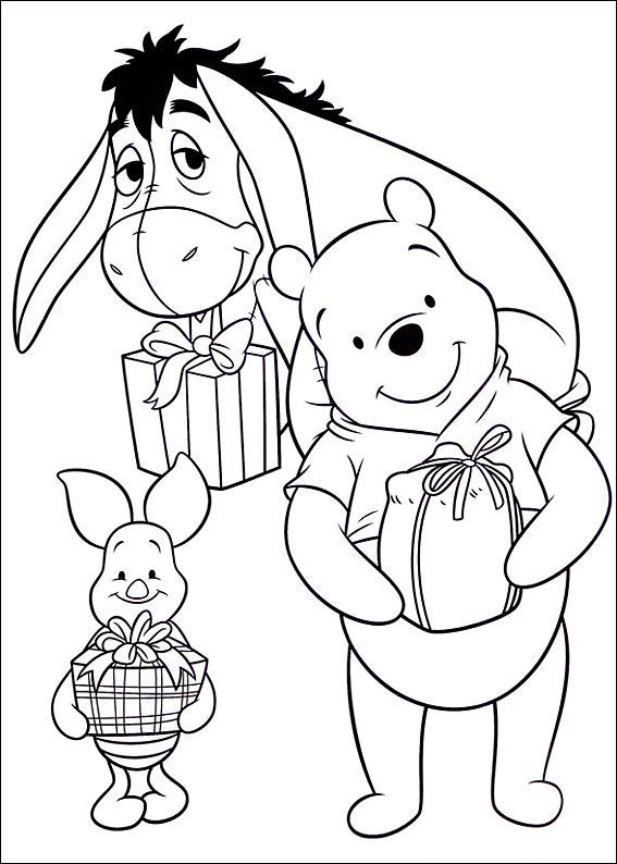 coloriage winnie porcinet et bourriquet avec des cadeaux de noel
